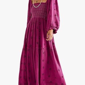 Lantern Sleeve Embroidered Flower Maxi Dress